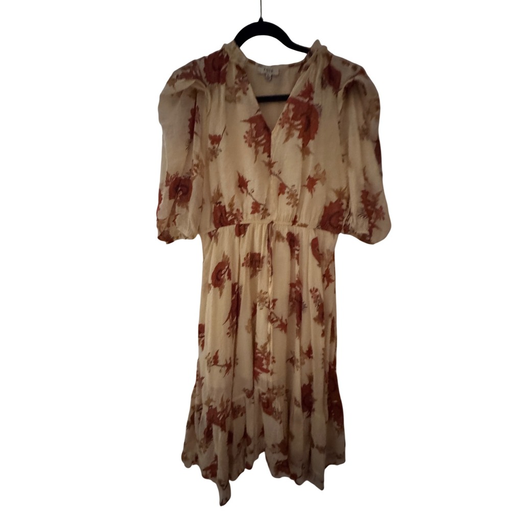 Fate Womens Floral V-Neck Ruffle Midi Dress Cream Rust Boho Puff Sleeve‎ Large
